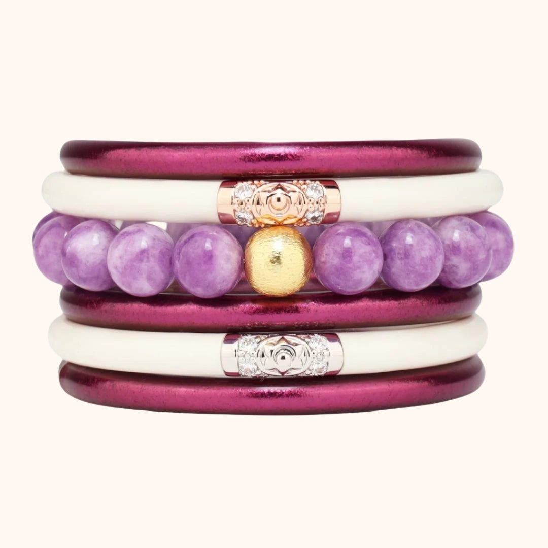 Graduation Gifts for School Spirit: Purple/White Bangle Bracelet Stack